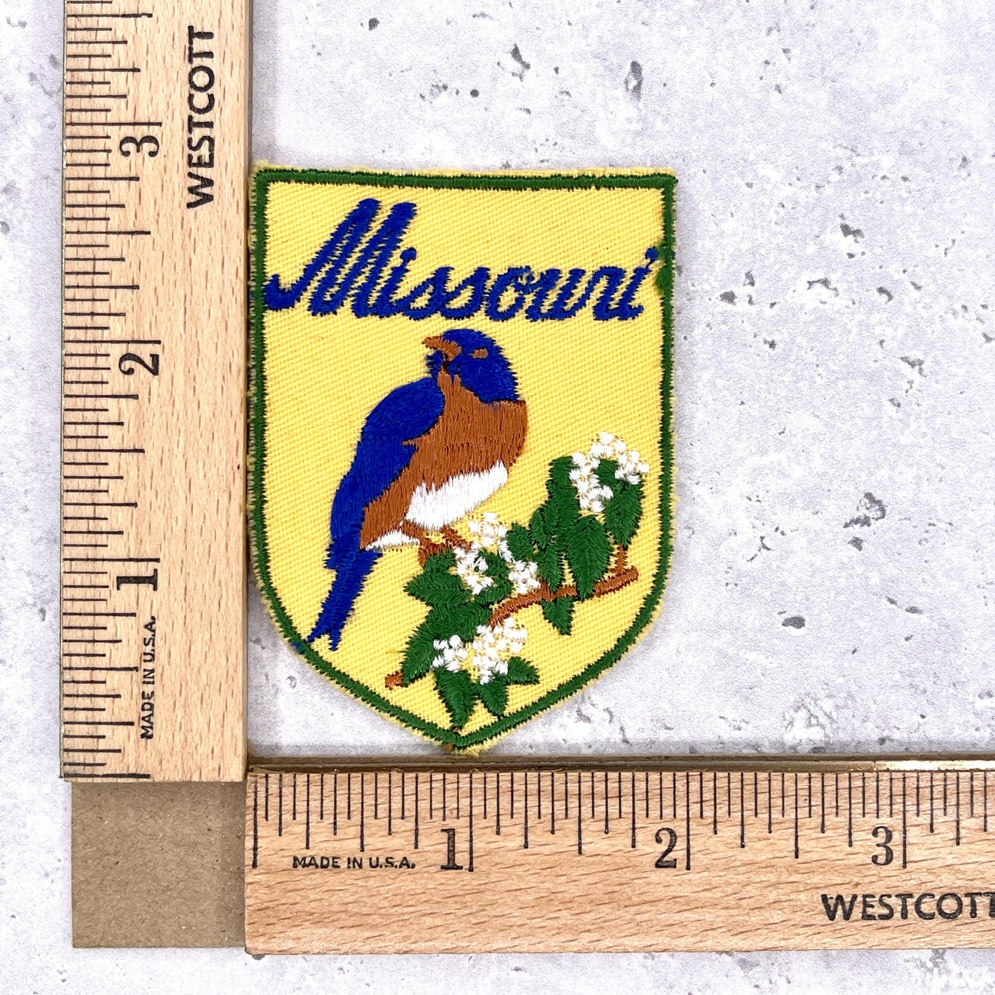 Vintage Missouri State Patch • 80s Bluebird Hawthorn • Sew-On Travel Souvenir