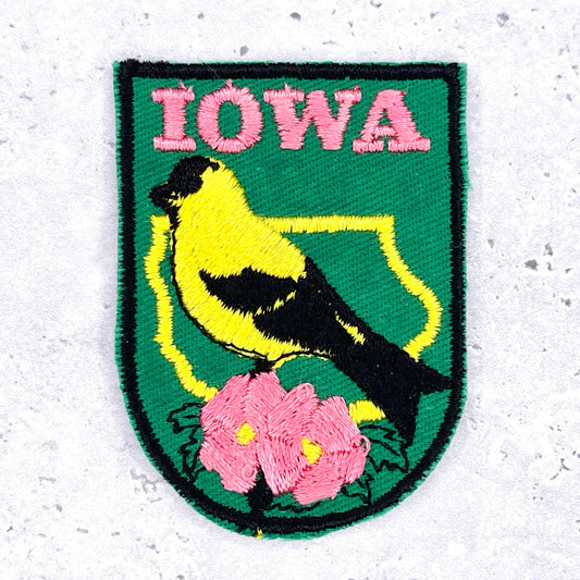 Vintage Iowa State Patch • 80s Goldfinch Wild Rose • Travel Souvenir Sew-On