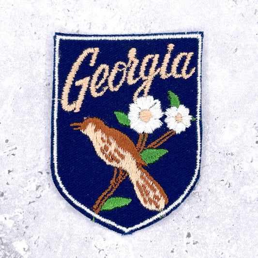 Vintage Georgia Patch • Brown Thrasher Cherokee Rose State Souvenir • Iron-On