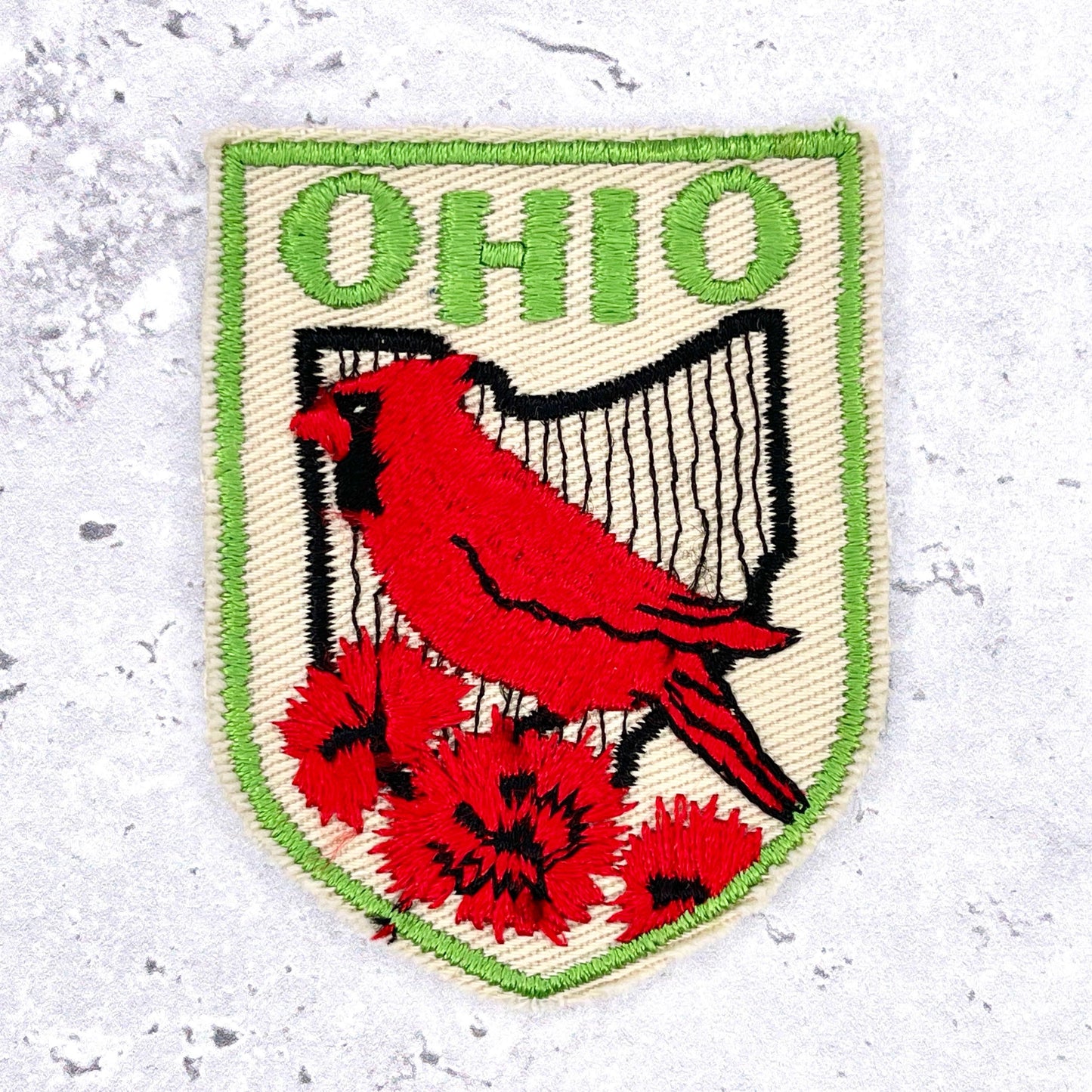 Vintage Ohio Patch • State Bird Cardinal Red Carnation • Travel Souvenir Badge