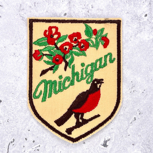 Vintage Michigan State Patch • 80s Robin Apple Blossom • Iron-On NOS