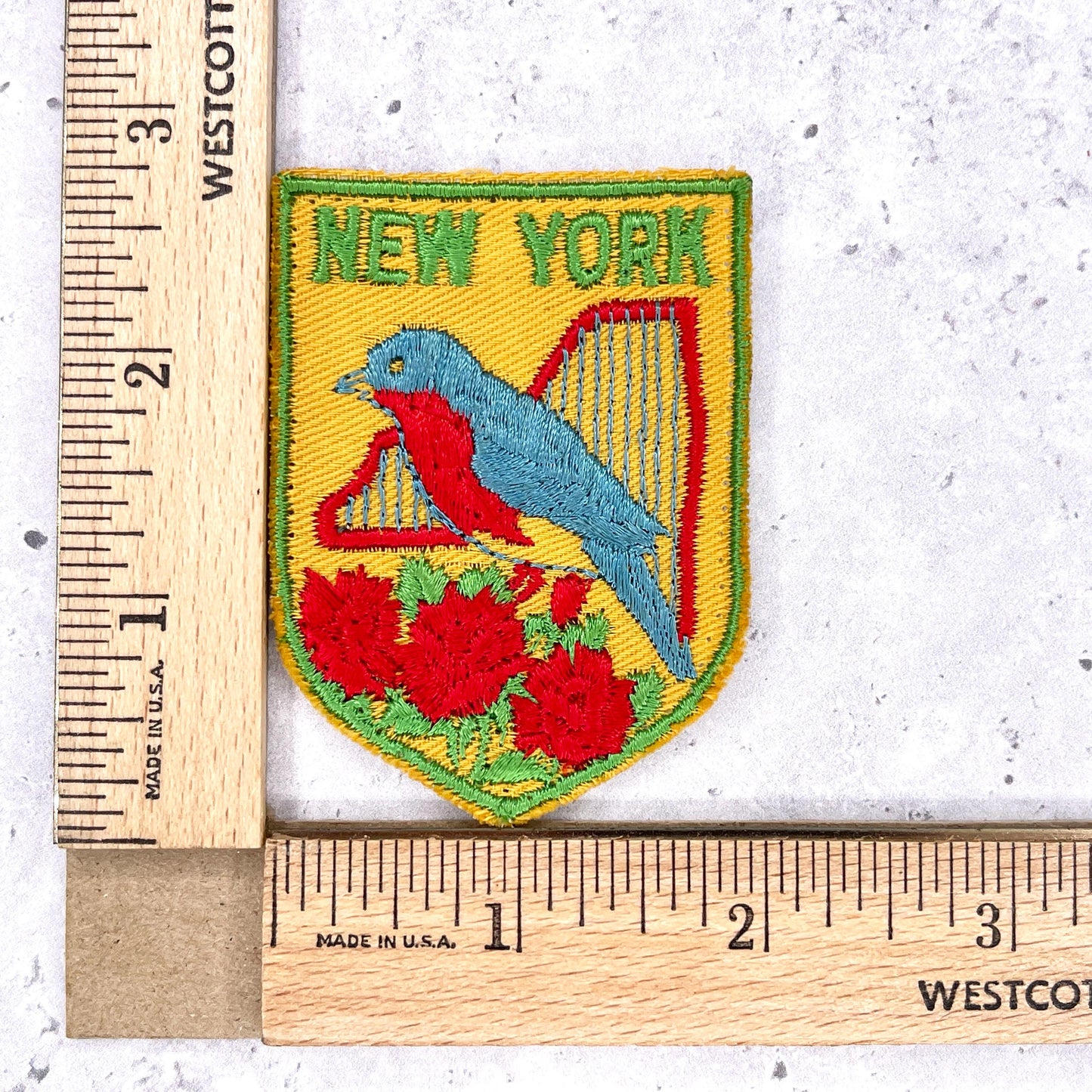Vintage New York Patch • Eastern Bluebird Rose State Souvenir • Sew-On Used