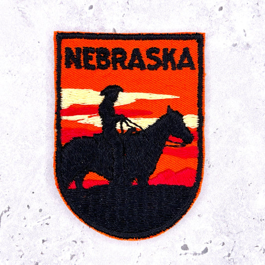 Vintage Nebraska Patch • Cowboy Horse Sunset State Souvenir • Sew-On NOS