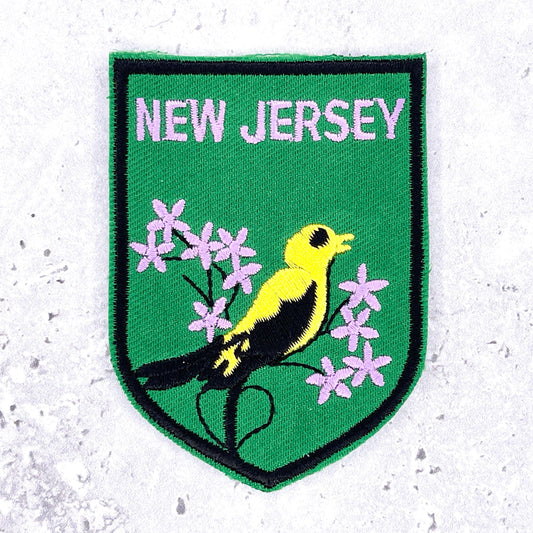 Vintage New Jersey Patch • Goldfinch Violet State Travel Souvenir • Iron-On Badge