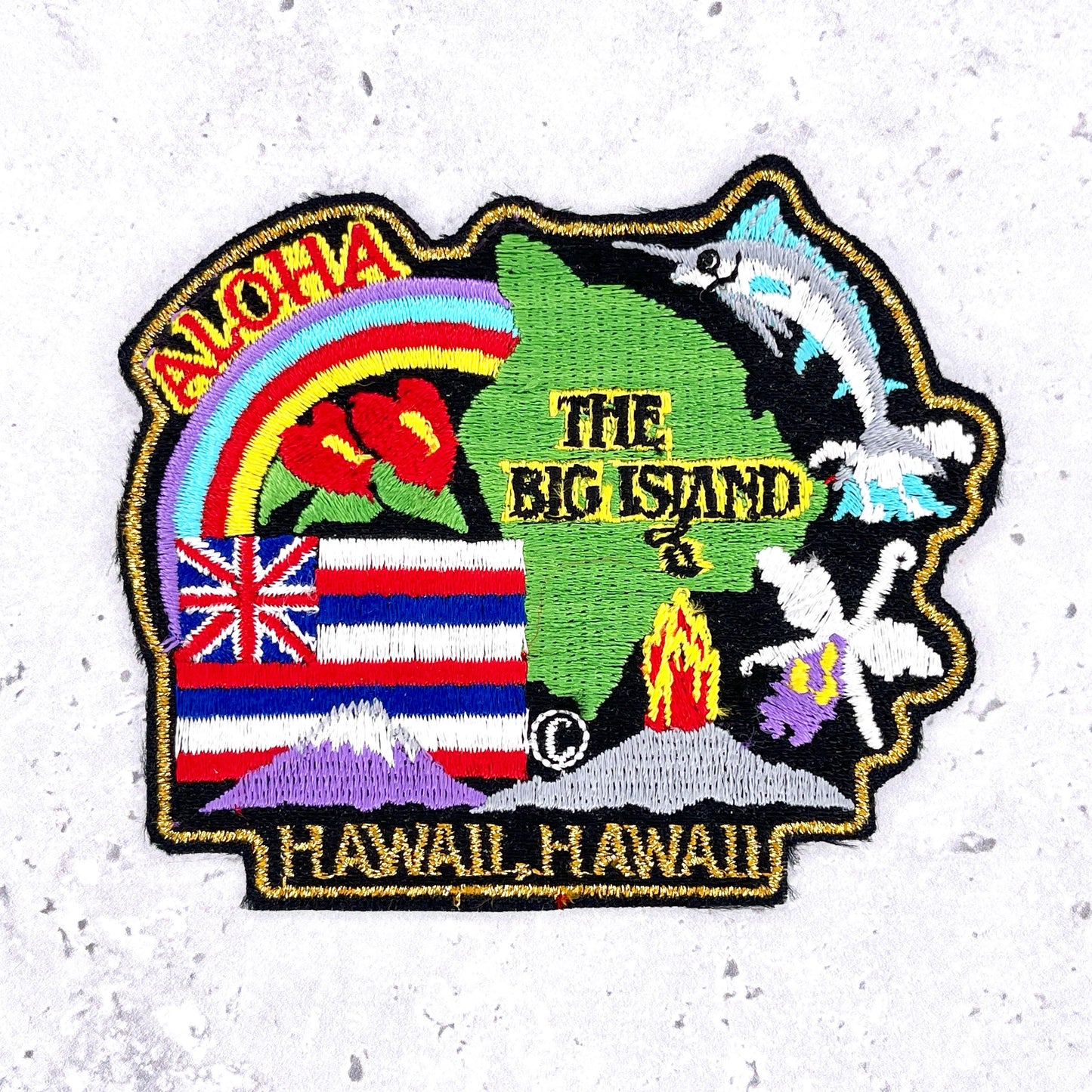 Vintage Hawaii Big Island Patch • Aloha State Flag Marlin Volcano • Iron-On NOS