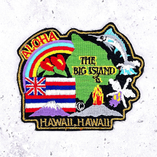 Vintage Hawaii Big Island Patch • Aloha State Flag Marlin Volcano • Iron-On NOS