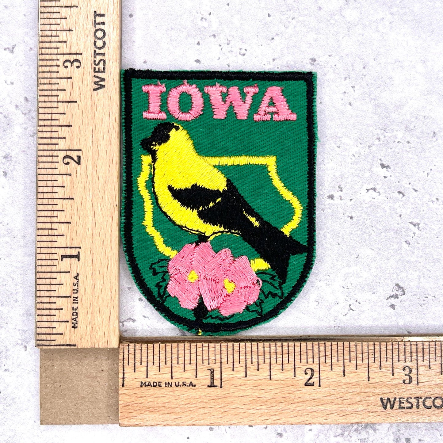 Vintage Iowa State Patch • 80s Goldfinch Wild Rose • Travel Souvenir Sew-On