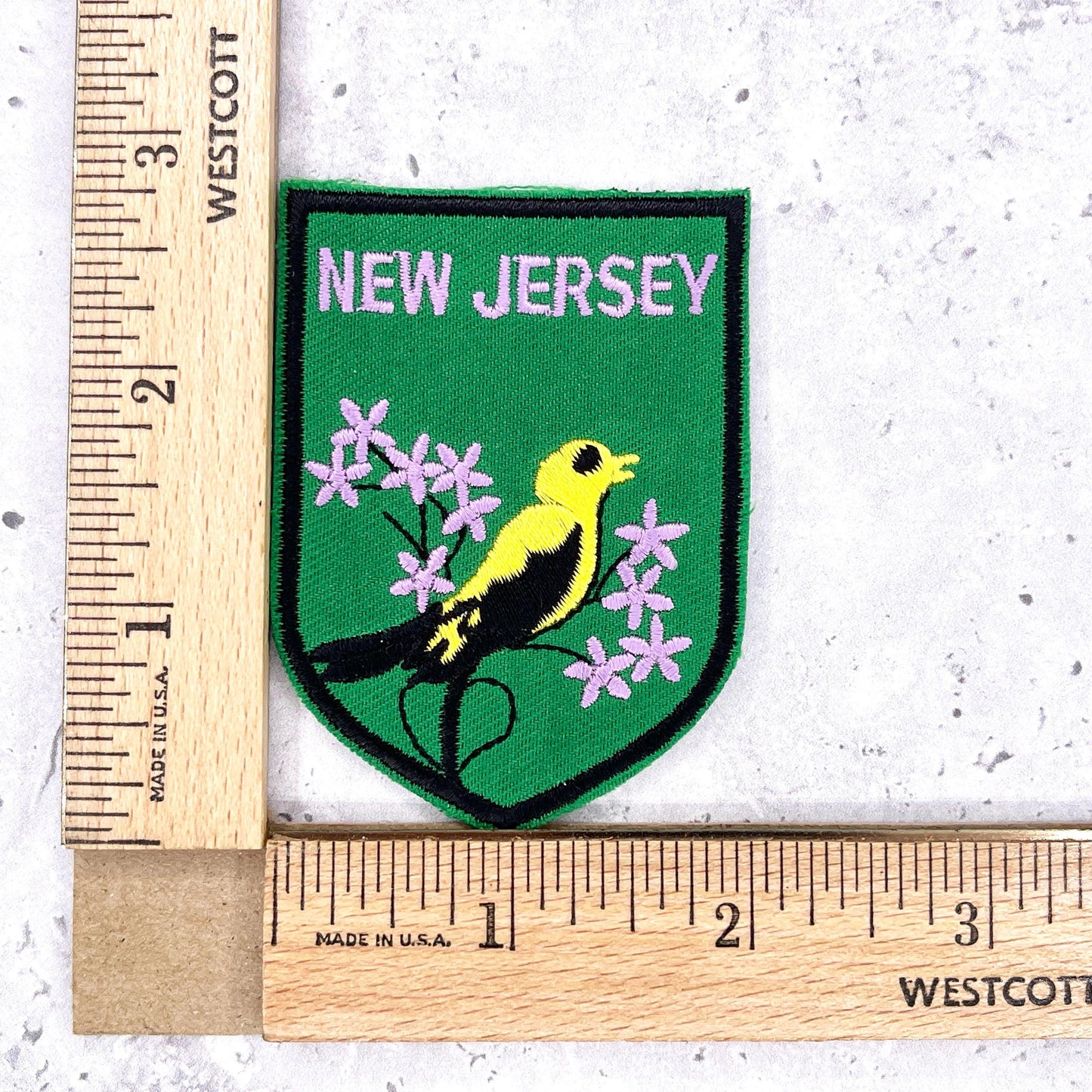 Vintage New Jersey Patch • Goldfinch Violet State Travel Souvenir • Iron-On Badge