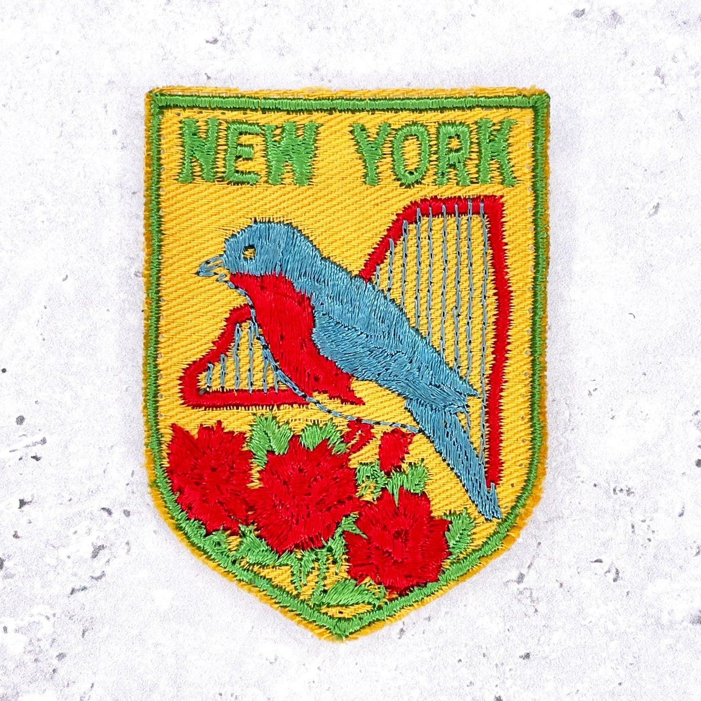 Vintage New York Patch • Eastern Bluebird Rose State Souvenir • Sew-On Used