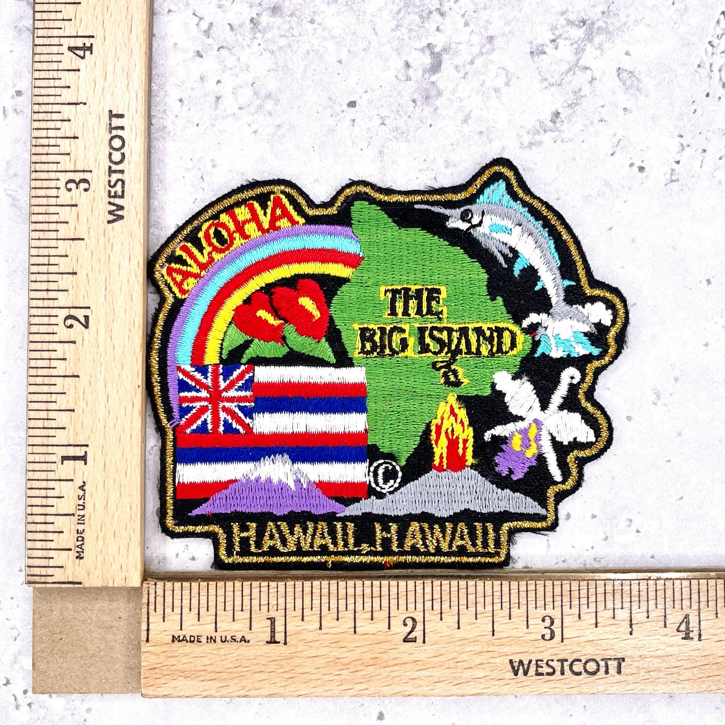 Vintage Hawaii Big Island Patch • Aloha State Flag Marlin Volcano • Iron-On NOS