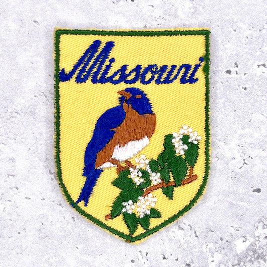 Vintage Missouri State Patch • 80s Bluebird Hawthorn • Sew-On Travel Souvenir